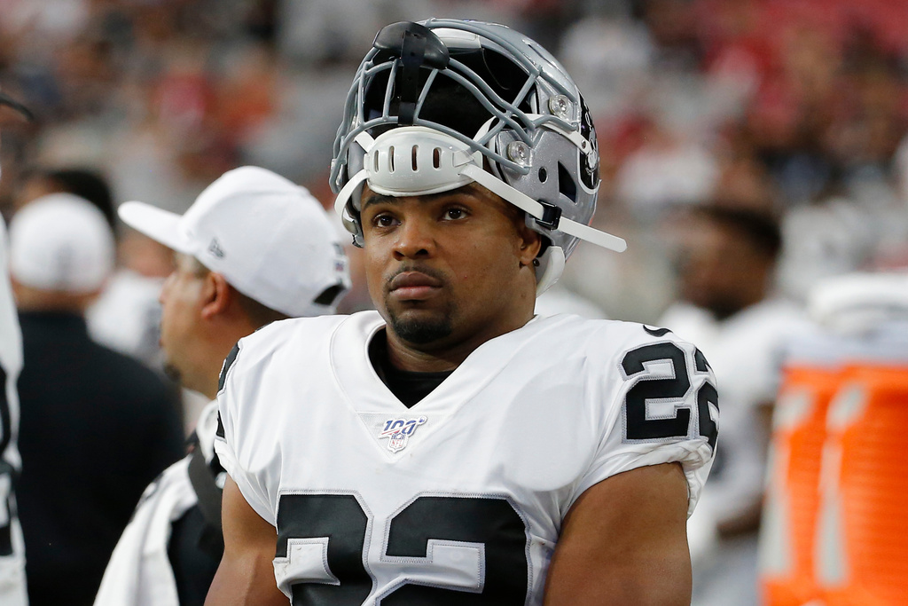 FILE - Oakland Raiders running back Doug Martin (22) looks on during an NFL preseason football game against the Arizona Cardinals, Thursday, Aug. 15, 2019, in Glendale, Ariz. (AP Photo/Rick Scuteri, File)