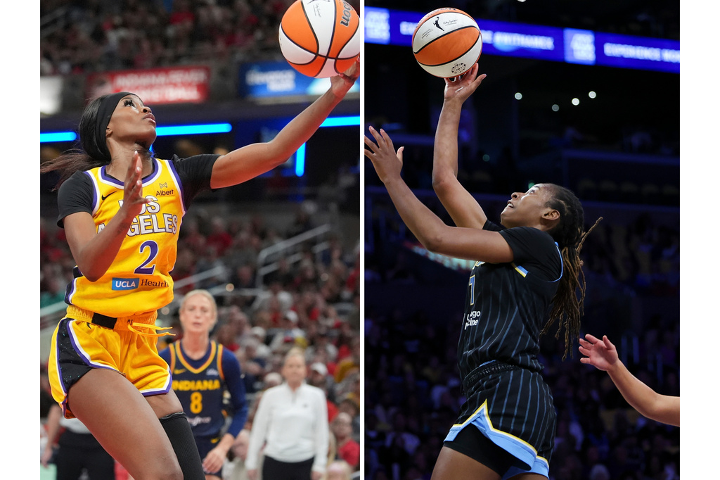 FILE - This photo combination shows Los Angeles Sparks' Rickea Jackson, left, July 5, 2025, in Indianapolis and Chicago Sky guard Ariel Atkins, right, June 28, 2025, in Los Angeles. (AP Photo/Michael Conroy, Jessie Alcheh, file)