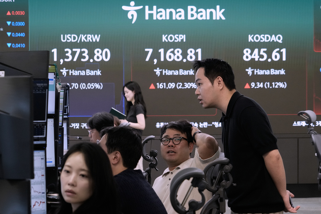 Currency traders work near a screen showing the Korea Composite Stock Price Index (KOSPI) and the foreign exchange rate between U.S. dollar and South Korean won at the foreign exchange dealing room of the Hana Bank headquarters in Seoul, South Korea, Tuesday, Sept. 22, 2026. (AP Photo/Ahn Young-joon)