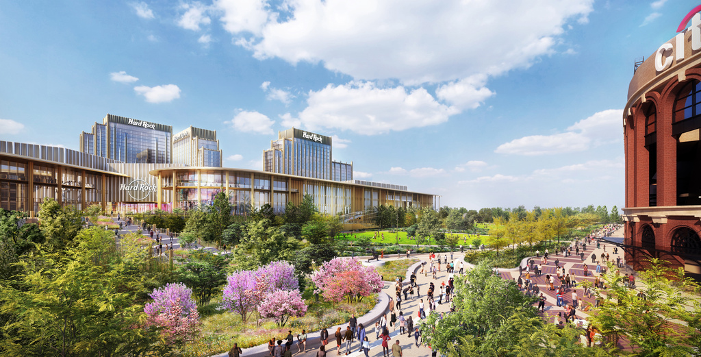 This image rendering provided by Hard Rock International, shows the Hard Rock's casino proposal in the Queens borough of New York, adjacent to Citi Field. (SHoP Architects, Field Operations via AP)