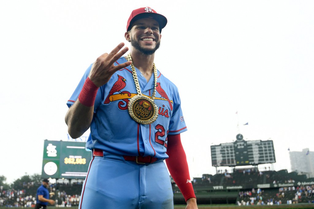 St. Louis Cardinals' Joshua Baez poses after setting an MLB record with three home runs during his MLB debut after defeating the Chicago Cubs in a baseball game in Chicago, Saturday, Aug. 15, 2026. (AP Photo/Paul Beaty)