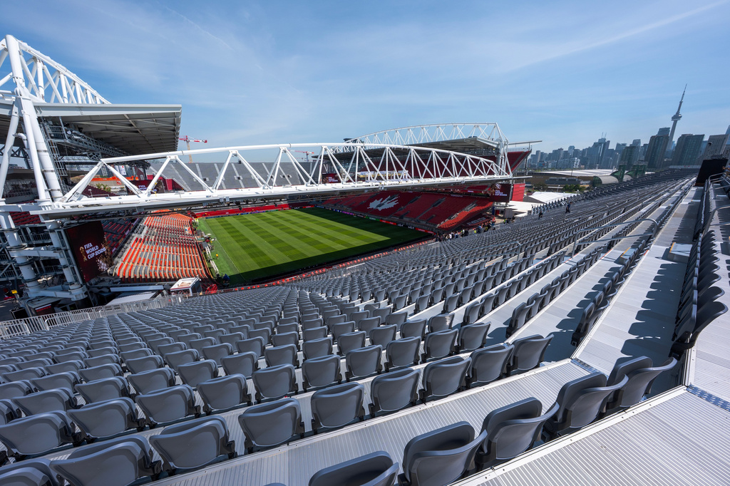 The view from temporary seats installed is seen at Toronto Stadium, Thursday June 4, 2026, in Toronto, in preparation for World Cup soccer tournament. (Frank Gunn/The Canadian Press via AP)