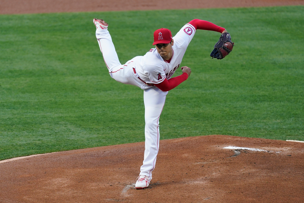 FILE - Los Angeles Angels starting pitcher Shohei Ohtani (17) throws during a baseball game against the Chicago White Sox Sunday, April 4, 2021, in Anaheim, Calif. (AP Photo/Ashley Landis, File)