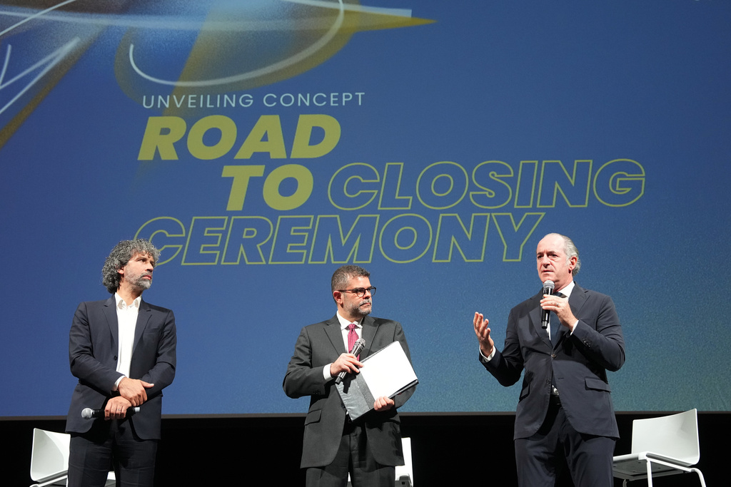 Luca Zaia speaks a during the press conference to present the closing ceremony of the Milano Cortina 2026 Winter Olympics, Thursday, Nov. 6 , 2025, in Verona, Italy. ( Spada/LaPresse via AP)