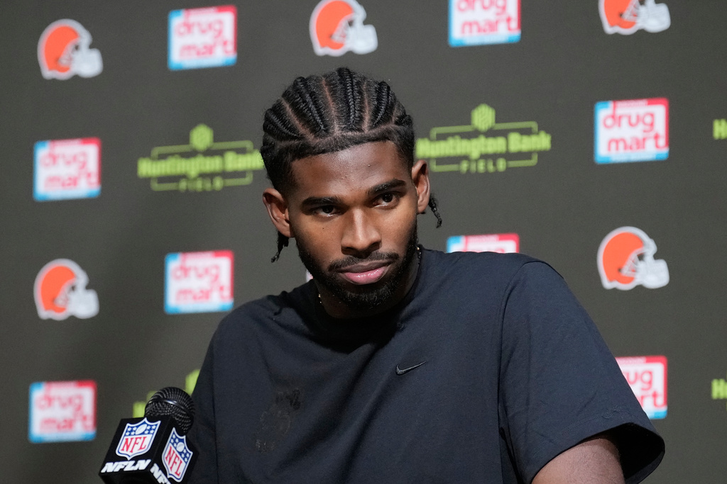 Cleveland Browns quarterback Shedeur Sanders speaks at a news conference after an NFL football game against the San Francisco 49ers, Sunday, Nov. 30, 2025, in Cleveland. (AP Photo/Sue Ogrocki)
