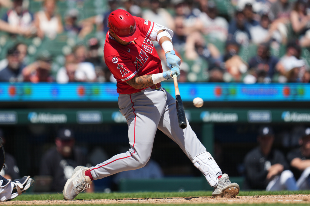 Los Angeles Angels' Vaughn Grissom hits a one-run double against the Detroit Tigers during the eighth inning of a baseball game Thursday, May 28, 2026, in Detroit. (AP Photo/Paul Sancya)