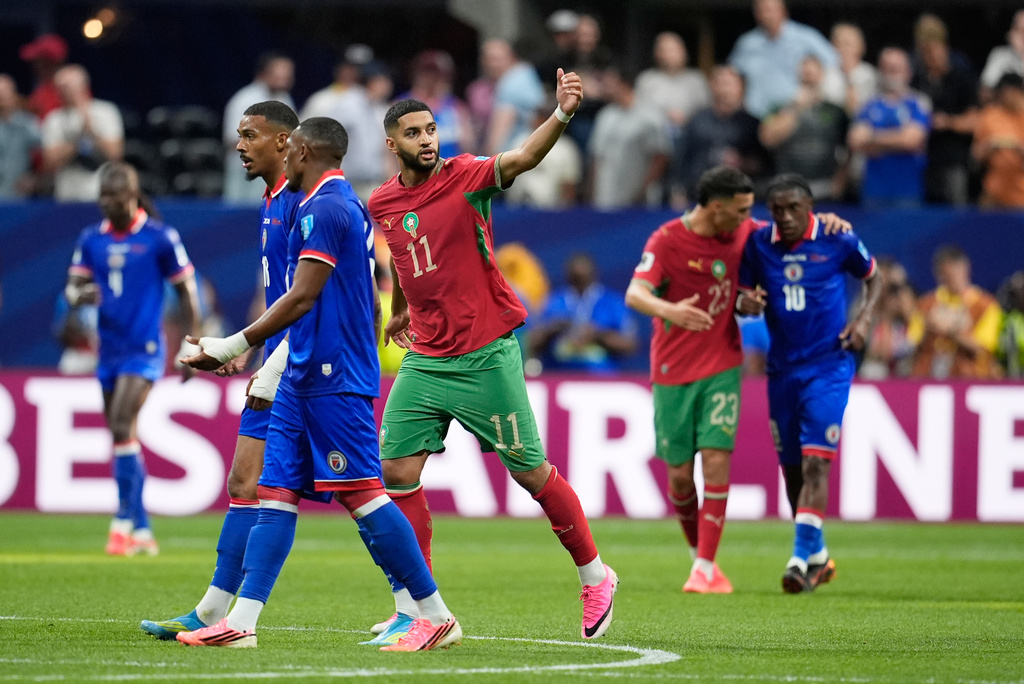 Morocco's Ismael Saibari (11) reacts after scoring a goal during the World Cup Group C soccer match between Morocco and Haiti in Atlanta, Wednesday, June 24, 2026. (AP Photo/Mike Stewart)