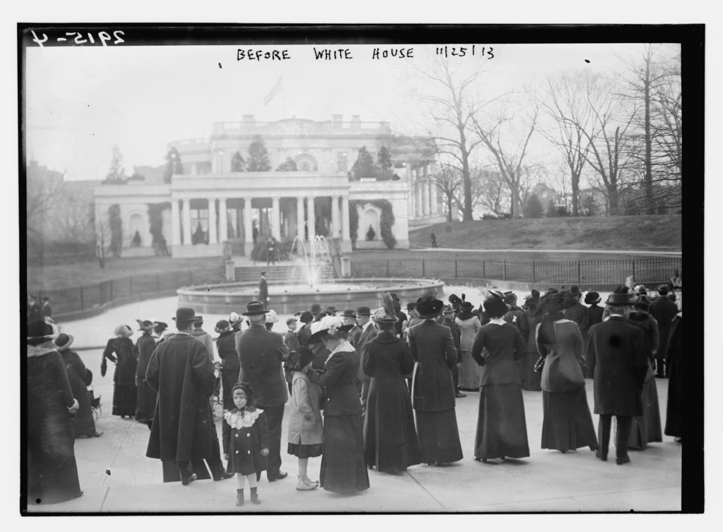 This photo provided by the U.S. Library of Congress shows a crowd outside the White House on the wedding day of Jessie Woodrow Wilson, daughter of President Wilson who married Francis Bowes Sayre, in a White House ceremony in Washington, Nov. 25, 1913. (U.S. Library of Congress via AP)