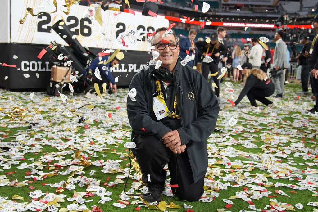 Noah Winter, responsible for the confetti displays, poses for a picture after the College Football Playoff national championship game, Monday, Jan. 19, 2026, in Miami Gardens, Fla. (AP Photo/Rebecca Blackwell)