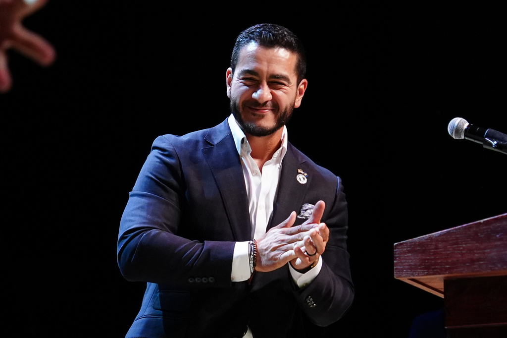 Abdul El-Sayed, a progressive candidate in the Democratic primary for U.S. Senate in Michigan, speaks during a primary election night event Wednesday, Aug. 5, 2026, at the Majestic Theatre in Detroit. (AP Photo/Julia Demaree Nikhinson)