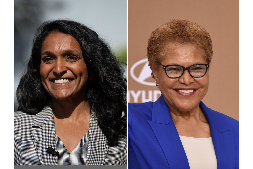 FILE - This photo combo shows from left, Nithya Raman, a candidate in the Los Angeles mayoral race on Monday, June 1, 2026 and Los Angeles mayor Karen Bass on Sunday, June 28, 2026, (AP Photo/File)