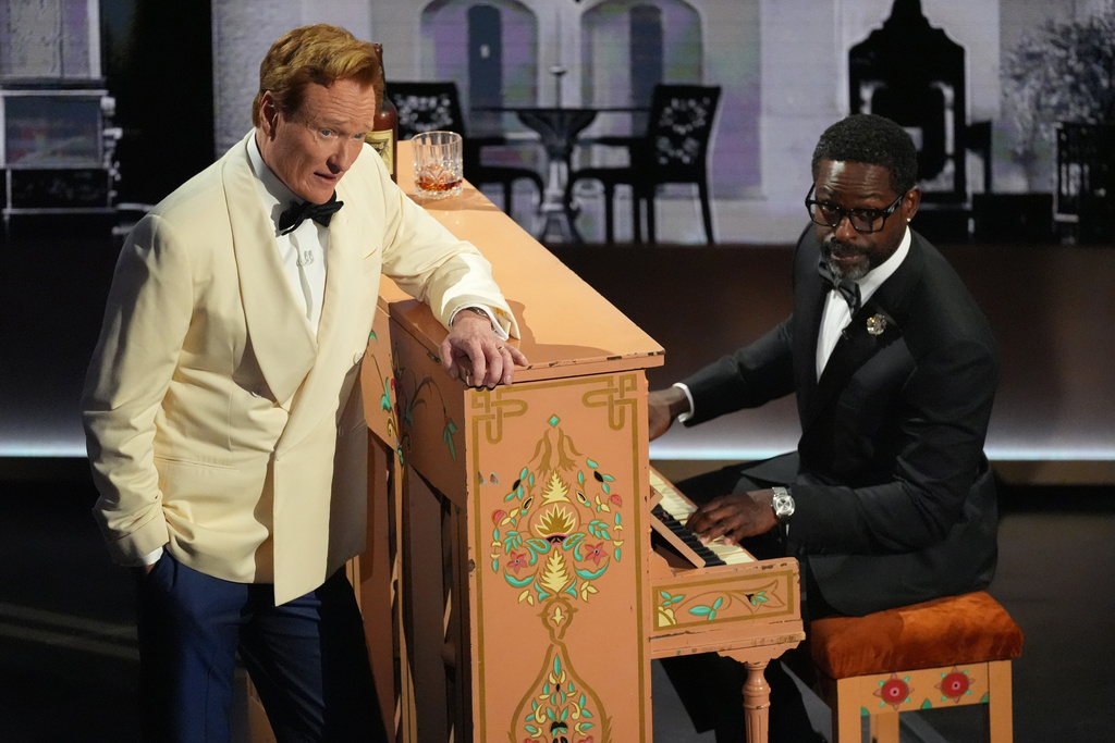 Host Conan O'Brien, left, and Sterling K. Brown perform during the Oscars on Sunday, March 15, 2026, at the Dolby Theatre in Los Angeles. (AP Photo/Chris Pizzello)