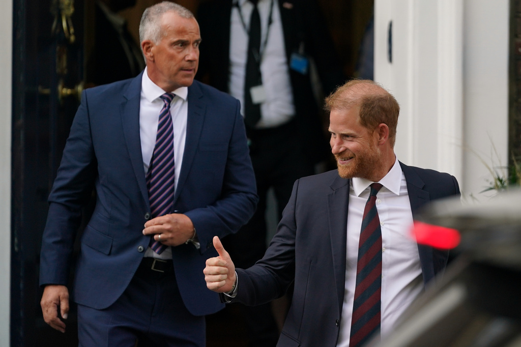 Britain's Prince Harry leaves Chatham House during a visit to the UK for a series of charity engagements in London, Tuesday, July 7, 2026.(AP Photo/Alberto Pezzali)