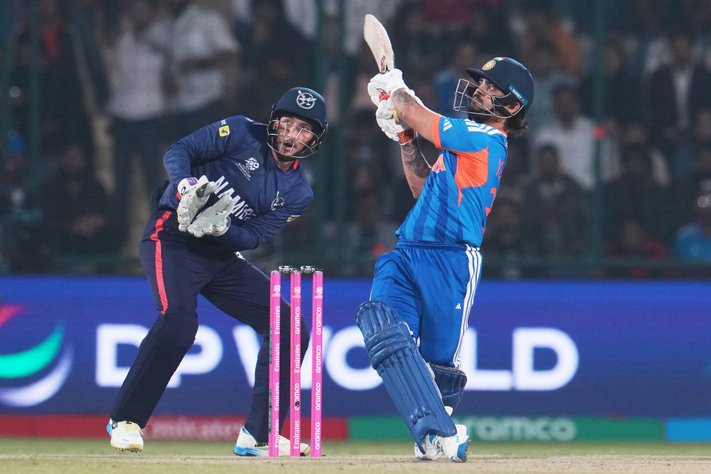 India's Ishan Kishan plays a shot during the T20 World Cup cricket match between India and Namibia in New Delhi, India, Thursday, Feb. 12, 2026. (AP Photo/Manish Swarup)