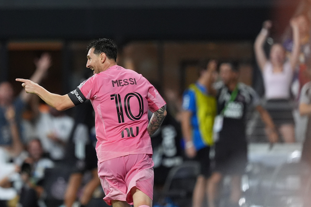 Inter Miami forward Lionel Messi (10) celebrates after scoring his side's third goal during the first half of a Leagues Cup soccer match against Atletico de San Luis, Wednesday, Aug. 5, 2026, in Miami. (AP Photo/Rebecca Blackwell)