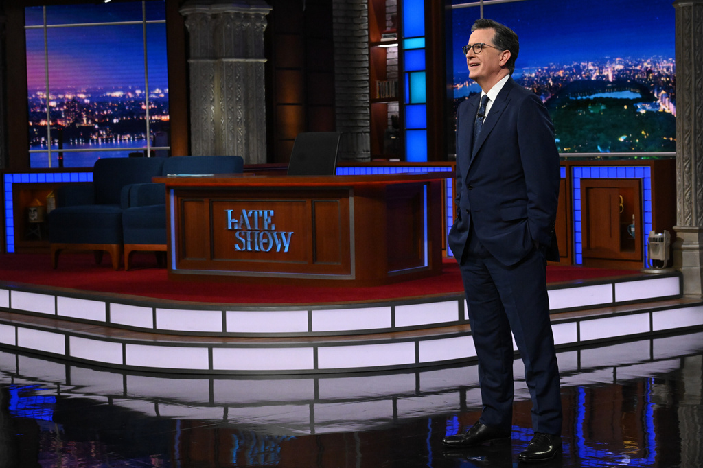 This image released by CBS shows host Stephen Colbert during the final episode of "The Late Show with Stephen Colbert" in New York on Thursday, May 21, 2026. (Scott Kowalchyk/CBS via AP)