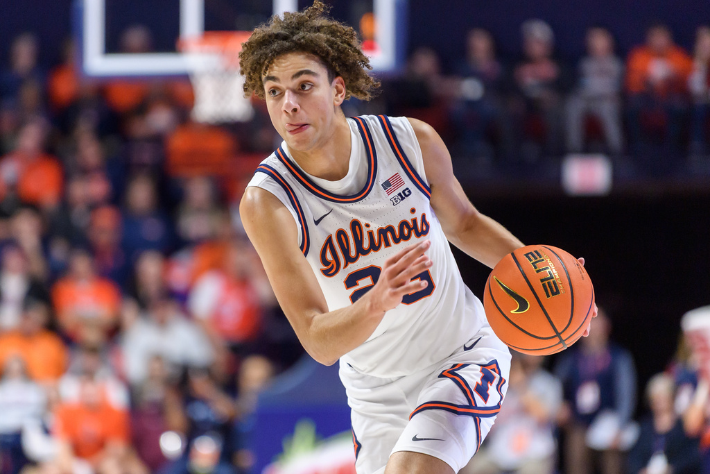 Illinois guard Keaton Wagler during an NCAA college basketball game against Rutgers Thursday, Jan. 8, 2026, in Champaign, Ill. (AP Photo/Craig Pessman)