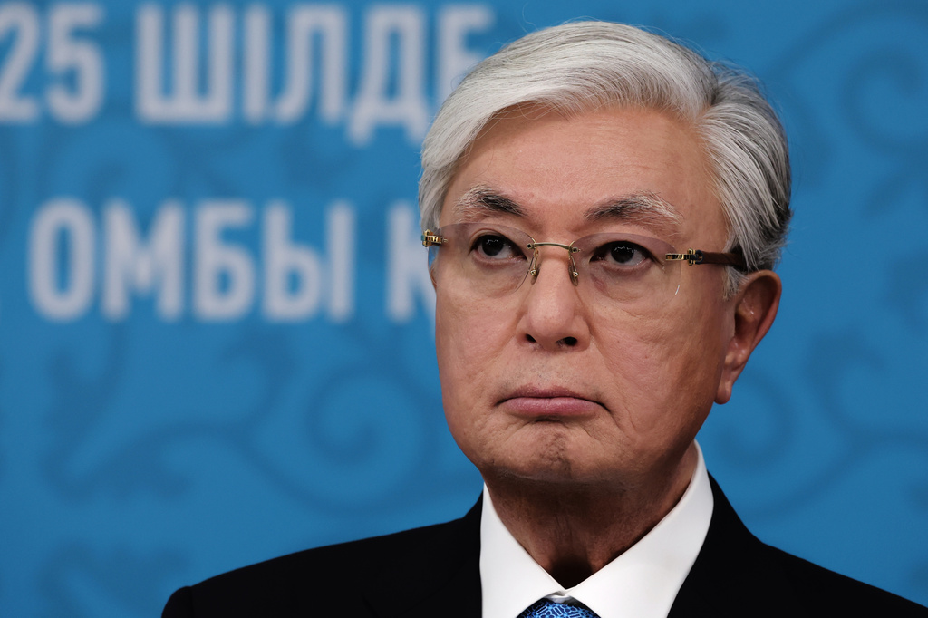 Kazakhstan's President Kassym-Jomart Tokayev attends the Russia-Kazakhstan Forum of Interregional Cooperation with Russian President Vladimir Putin, in Omsk, Russia, Saturday, July 25, 2026. (Vyacheslav Prokofyev/Sputnik, Kremlin Pool Photo via AP)