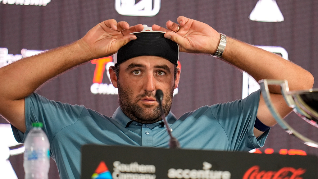 Scottie Scheffler speaks during a news conference after winning the final round of the PGA Tour Championship golf tournament, Sundday, Aug 30, 2026, in Atlanta.(AP Photo/Mike Stewart)