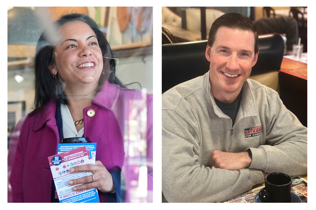 This combination of photo shows candidates running for New Jersey's 11th congressional district, Democrat Analilia Mejia on March 24, 2026, in Morristown, N.J., left, and Republican Joe Hathaway on March 19, 2026, in Bloomfield, N.J. (AP Photo/Seth Wenig, left, Steve Peoples)
