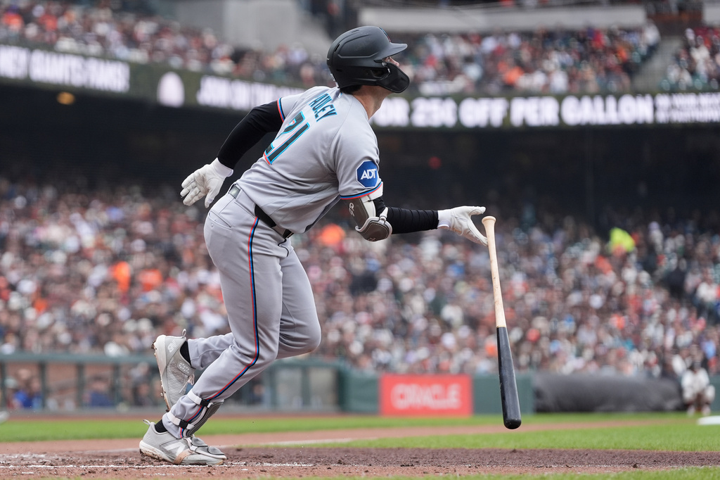 Miami Marlins' Graham Pauley watches his three-run home run against the San Francisco Giants during the second inning of a baseball game Sunday, April 26, 2026, in San Francisco. (AP Photo/Jeff Chiu)