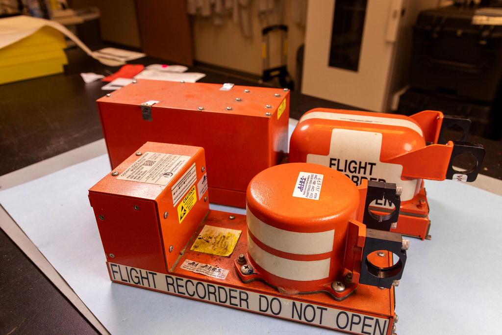 This photo provided by the NTSB on Tuesday, Sept. 8, 2026, shows the flight data recorder from from the Amazon cargo jet that barreled off a runway at Miami International Airport. (NTSB via AP)