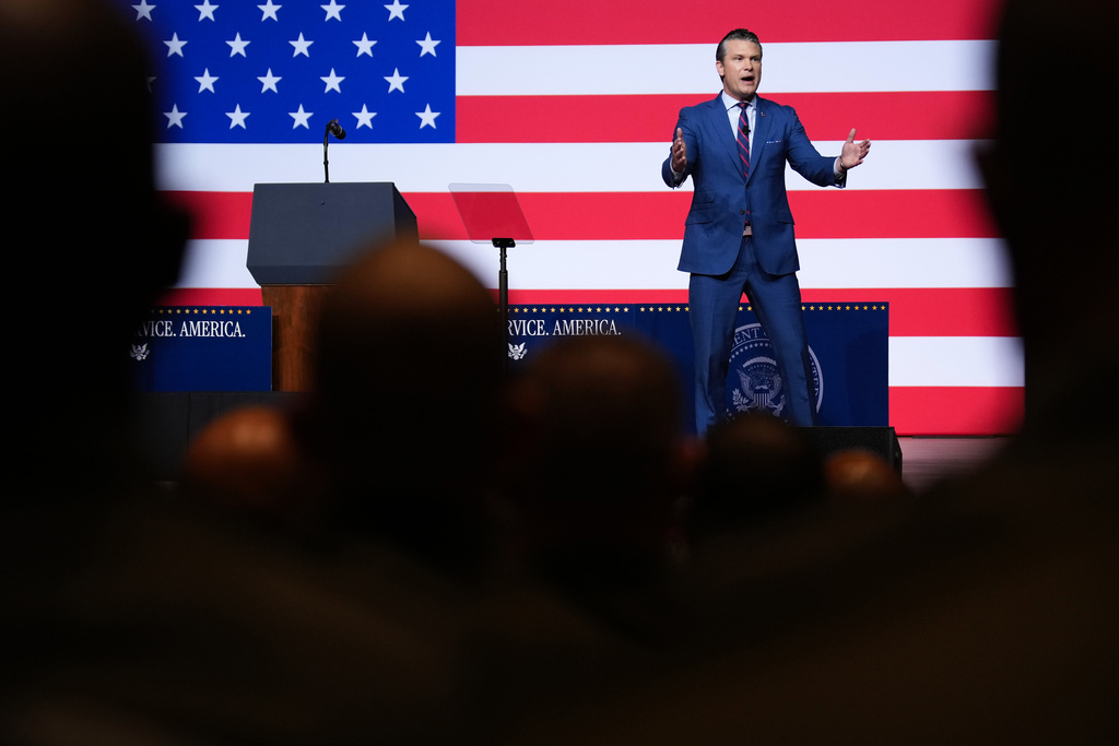 Secretary of Defense Pete Hegseth speaks to senior military leaders at Marine Corps Base Quantico, Tuesday, Sept. 30, 2025 in Quantico, Va. (Andrew Harnik/Pool via AP)