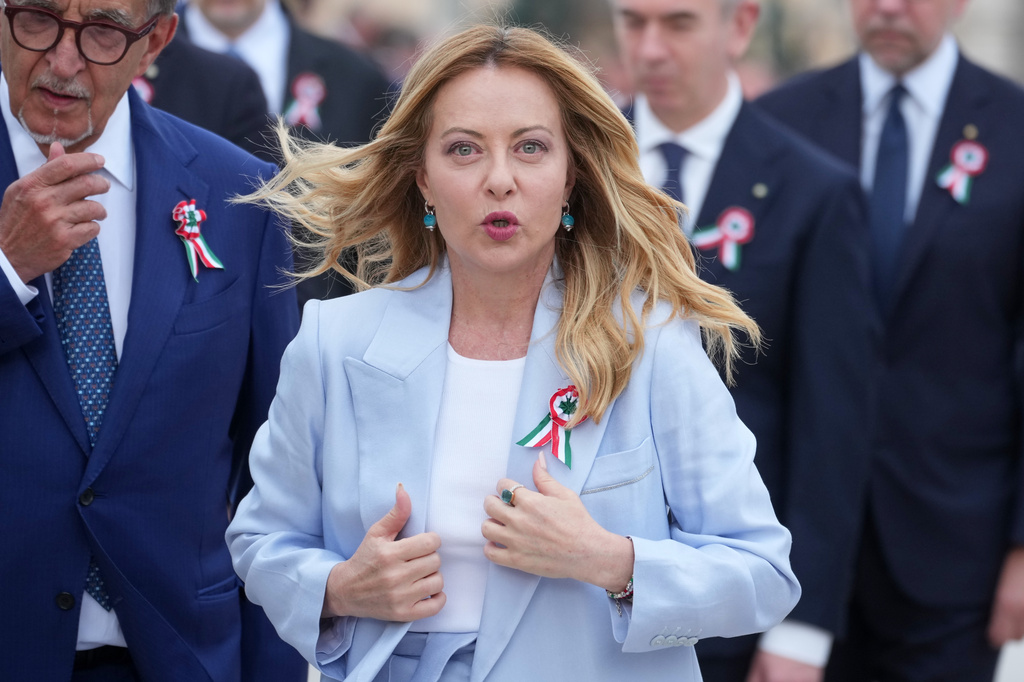 FILE - Italian Premier Giorgia Meloni arrives to attend the parade on the occasion of the 80th anniversary of the proclamation of the Italian Republic, in Rome, Tuesday, June 2, 2026. (AP Photo/Andrew Medichini, File)