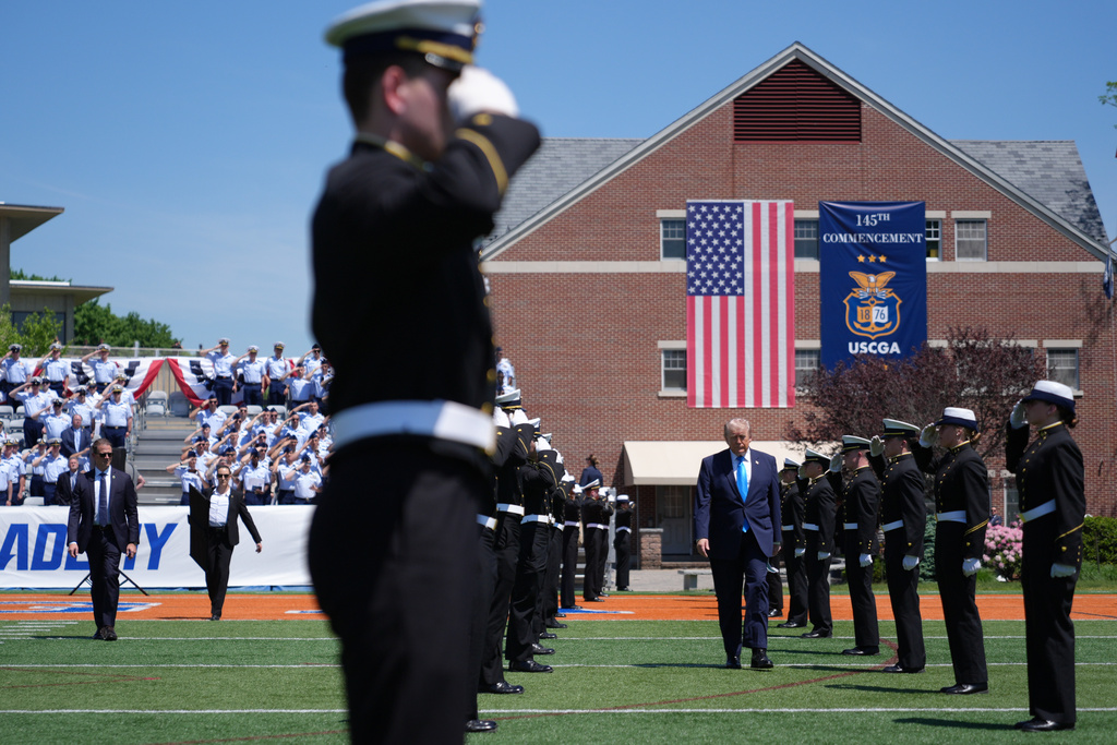President Donald Trump arrives for the commencement address at the U.S. Coast Guard Academy, in New London, Conn., Wednesday, May 20, 2026. (AP Photo/Jacquelyn Martin)