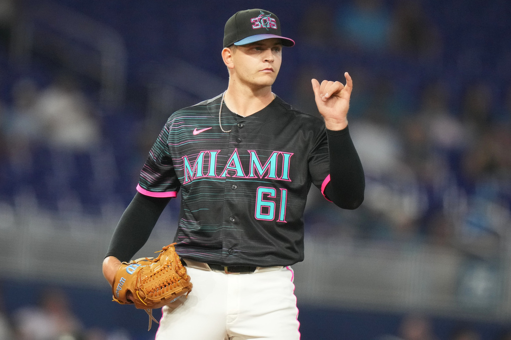 Miami Marlins starting pitcher Robby Snelling gestures during the first inning of a baseball game against the Washington Nationals, Friday, May 8, 2026, in Miami. (AP Photo/Lynne Sladky)