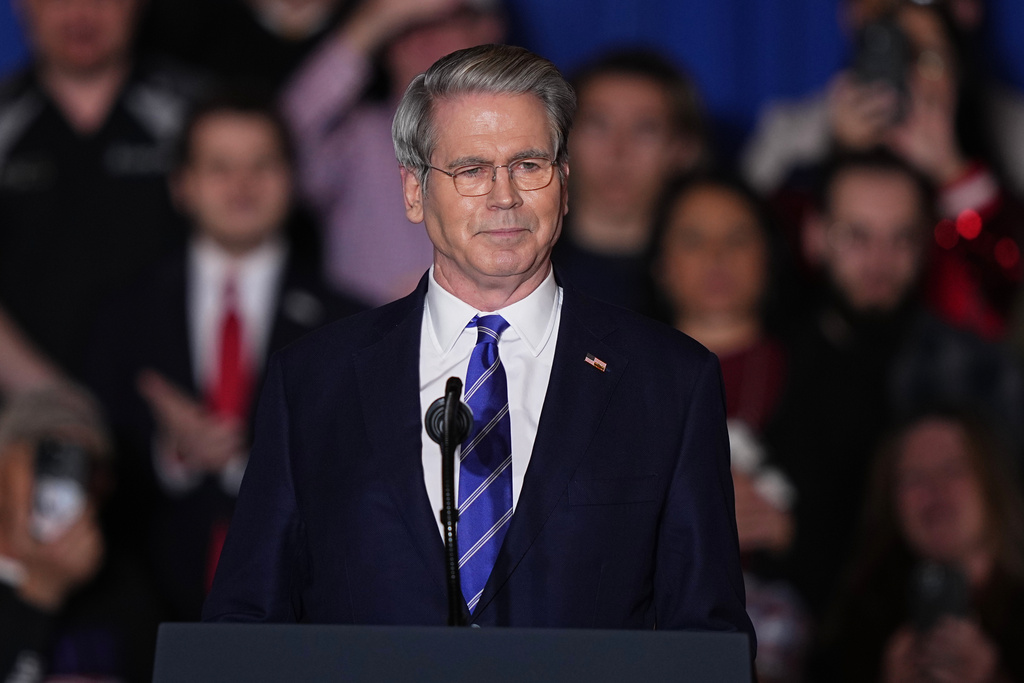 FILE - U.S. Department of the Treasury Scott Bessent speaks before President Donald Trump arrives at the Mount Airy Casino Resort in Mount Pocono, Pa., Dec. 9, 2025. (AP Photo/Matt Rourke, File)
