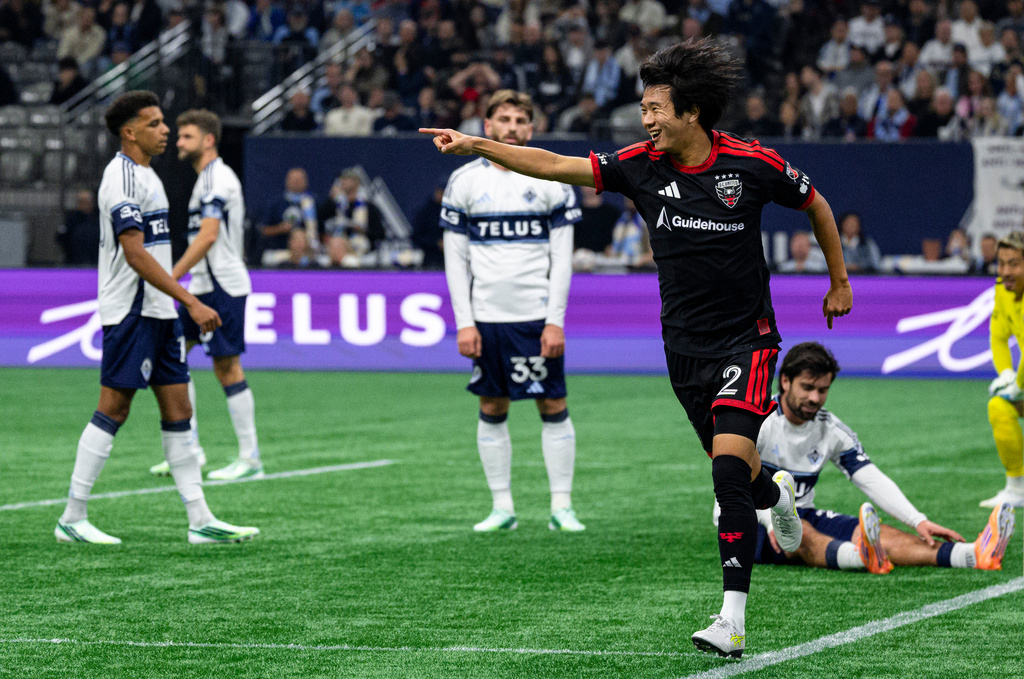 D.C. United's Kimito Nono (2) celebrates after scoring against the Vancouver Whitecaps during the first half of an MLS soccer match in Vancouver, British Columbia, Saturday, Sept. 26, 2026. (Jacob Mallari/The Canadian Press via AP)