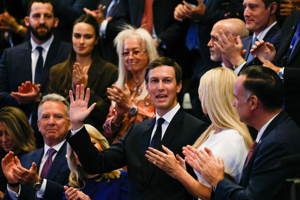 Jared Kushner, acknowledges applause at the Israeli parliament, the Knesset, in Jerusalem, Monday, Oct. 13, 2025. (Jalaa Marey/Pool Photo via AP)