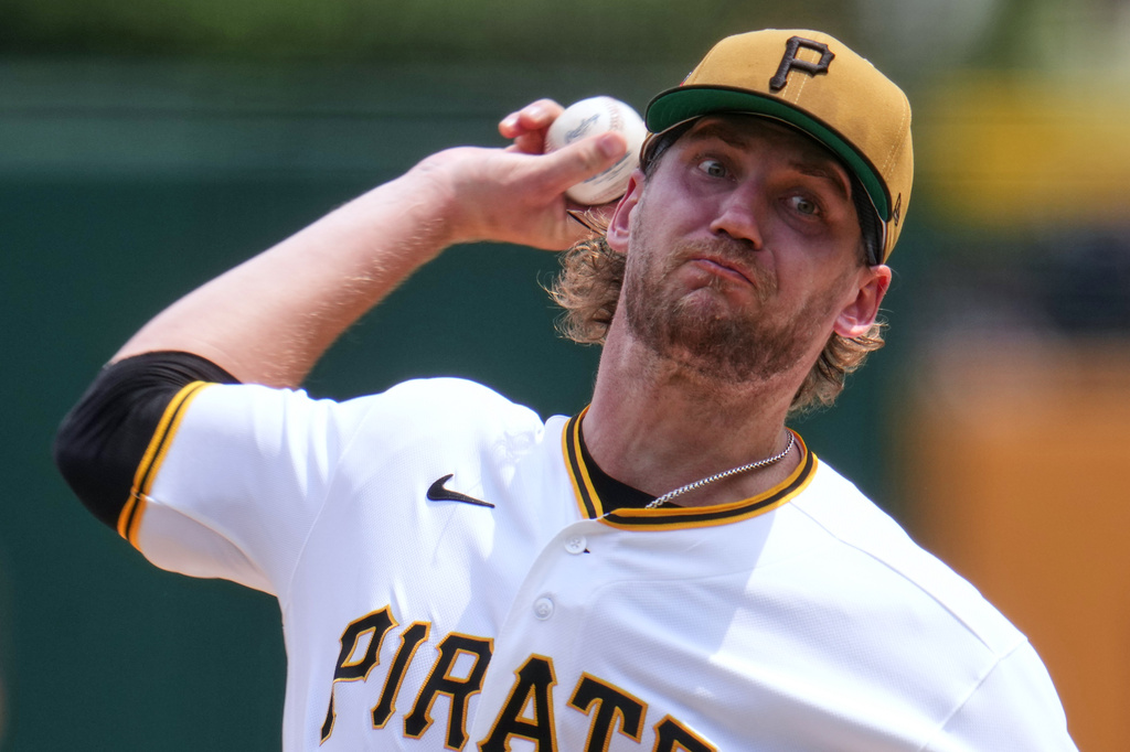 Pittsburgh Pirates pitcher Braxton Ashcraft delivers during the first inning of a baseball game against the Chicago Cubs in Pittsburgh, Sunday, July 26, 2026. (AP Photo/Gene J. Puskar)