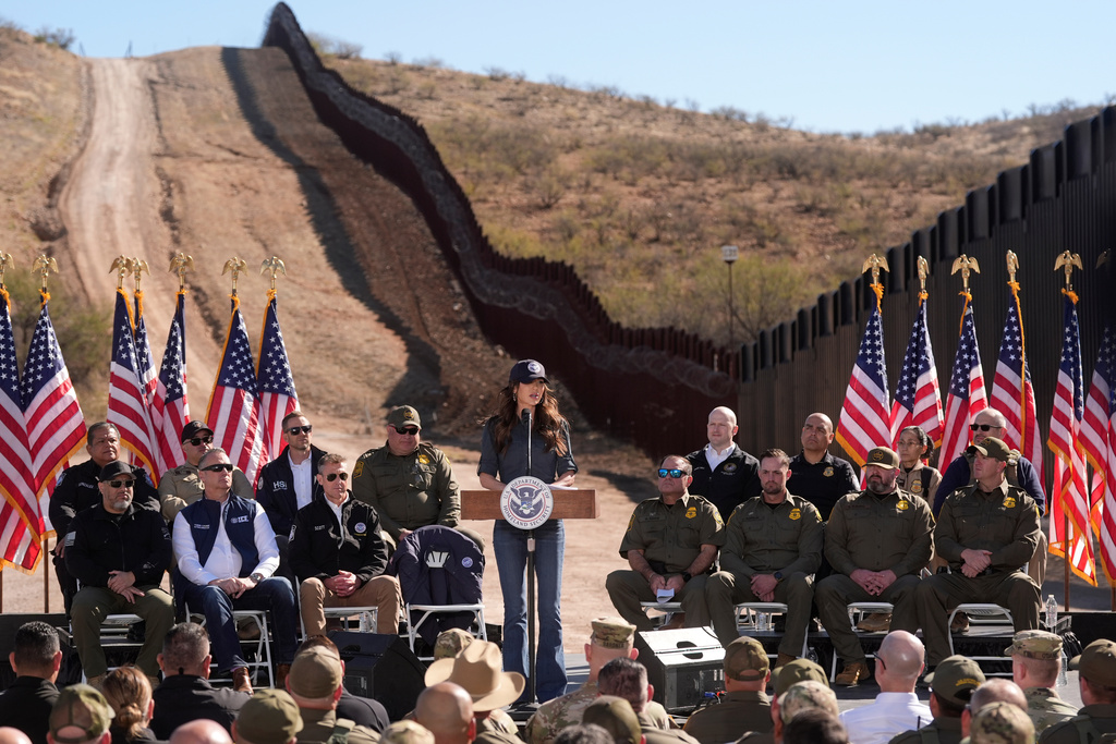 FILE - Kristi Noem, Secretary of the Department of Homeland Security, speaks at the border with Mexico, Feb. 4, 2026, in Nogales, Ariz. (AP Photo/Ross D. Franklin, File)