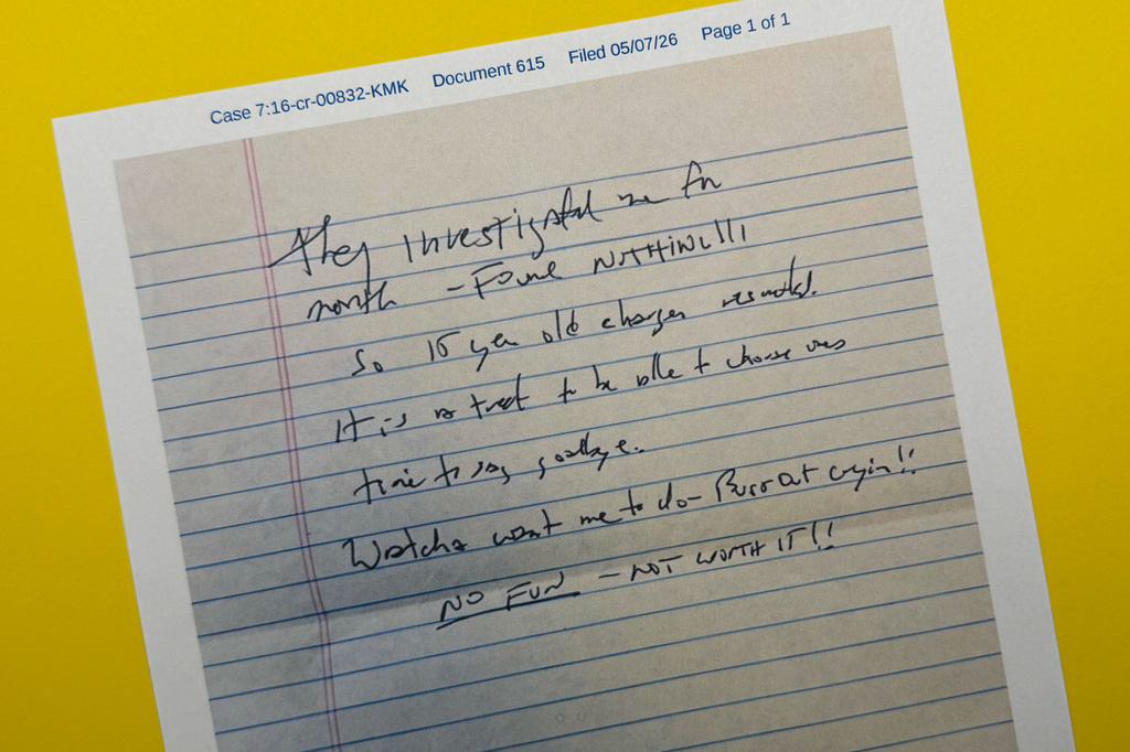 This document released May 6, 2026, by the U.S. District Court for the Southern District of New York, shows a note that Jeffrey Epstein's former cellmate said he found after Epstein's reported suicide attempt on July 23, 2019. (AP Photo/Jon Elswick)