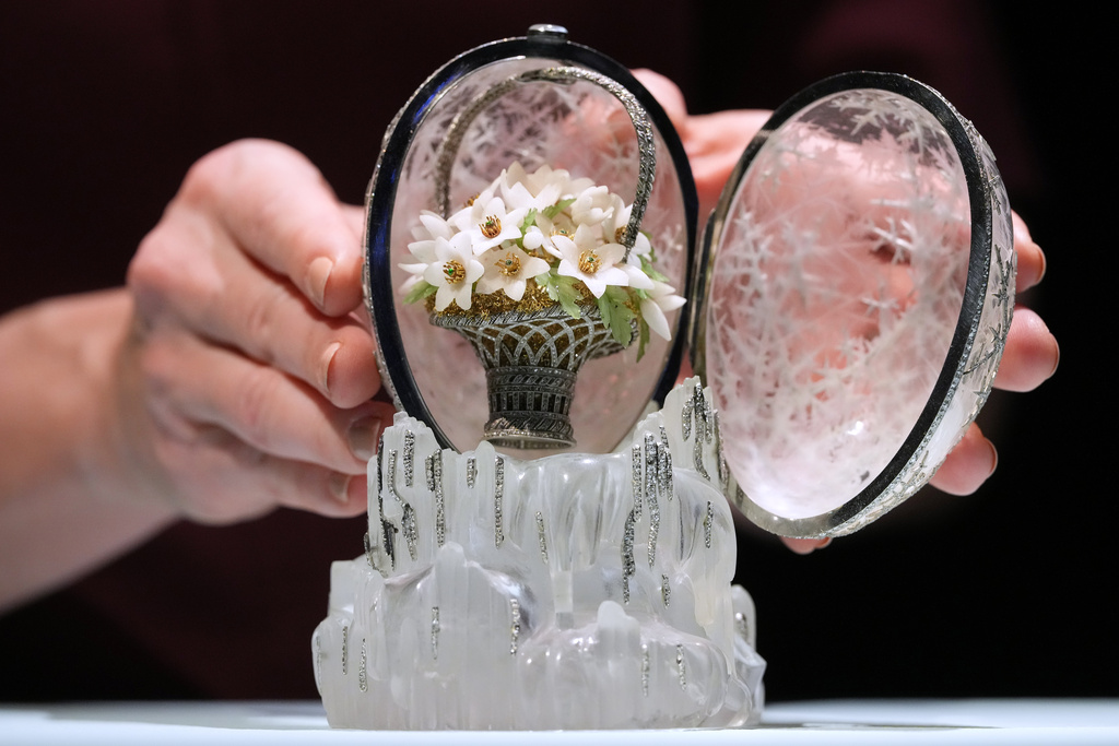 The Winter Egg by Faberge is displayed at Christie's auction rooms in London, Thursday, Nov. 27, 2025, it is expected to sell for in excess of 20 million UK Pounds when it is auctioned on Dec. 2. (AP Photo/Kirsty Wigglesworth)