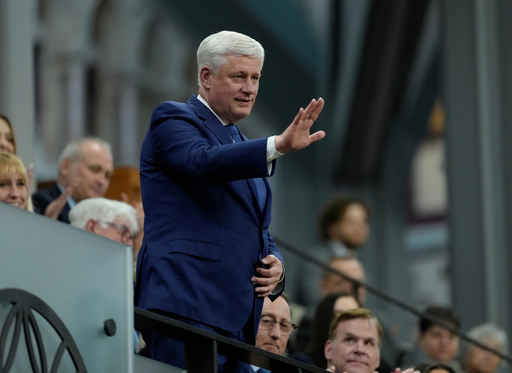 Former Prime Minister Stephen Harper is recognized in the House of Commons following Question Period on Parliament Hill in Ottawa, Ontario, Tuesday, Feb. 3, 2026. (Adrian Wyld/The Canadian Press via AP)