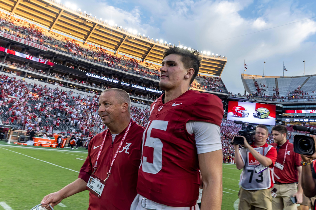 Alabama quarterback Ty Simpson (15) walks of the field after a win over Vanderbilt in an NCAA college football game, Saturday, Oct. 4, 2025, in Tuscaloosa, Ala. (AP Photo/Vasha Hunt)
