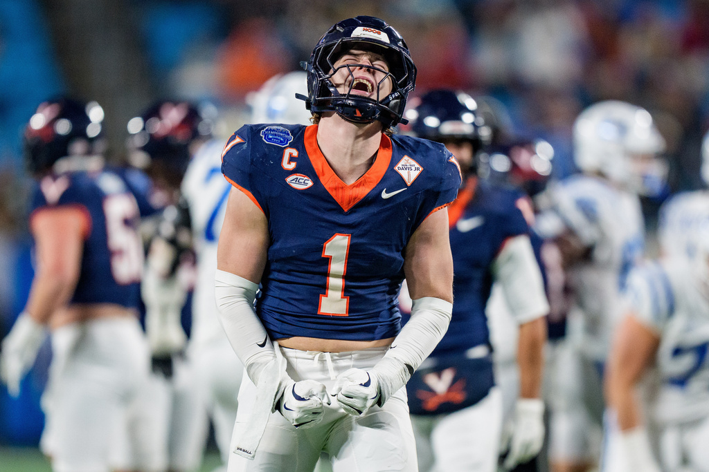 Virginia linebacker James Jackson (1) reacts in the first half of the Atlantic Coast Conference championship NCAA college football game against Duke, Saturday, Dec. 6, 2025, in Charlotte, N.C. (AP Photo/Jacob Kupferman)