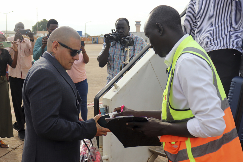 Jesus Munoz Gutierrez, a Mexican migrant deported months ago to South Sudan by the United States under an immigration crackdown, is repatriated to his home country at Juba Airport in South Sudan, Saturday, Sept. 6, 2025. (AP Photo/Deng Machol)
