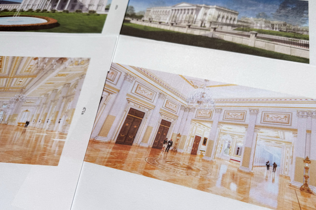 Artist renderings relating to White House Ballroom construction, contained in a filing by the Trump administration to the U.S. Supreme Court, are photographed Friday, Aug. 14, 2026. (AP Photo/Jon Elswick)