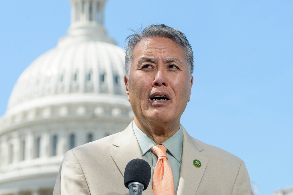 FILE - Rep. Mark Takano, D-Calif., speaks during a news conference on the Equality Act at the Capitol, April 29, 2025, in Washington. (AP Photo/Rod Lamkey, Jr., File)