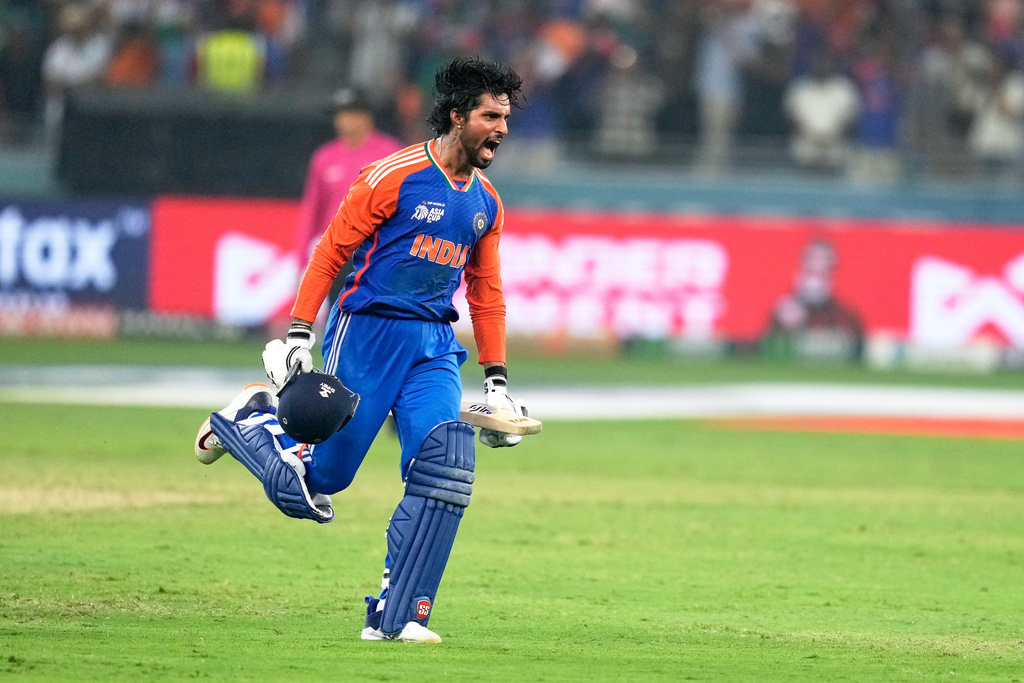 India's Tilak Varma reacts after India won the Asia Cup cricket final against Pakistan at Dubai International Cricket Stadium, United Arab Emirates, Sunday, Sept. 28, 2025. (AP Photo/Altaf Qadri)