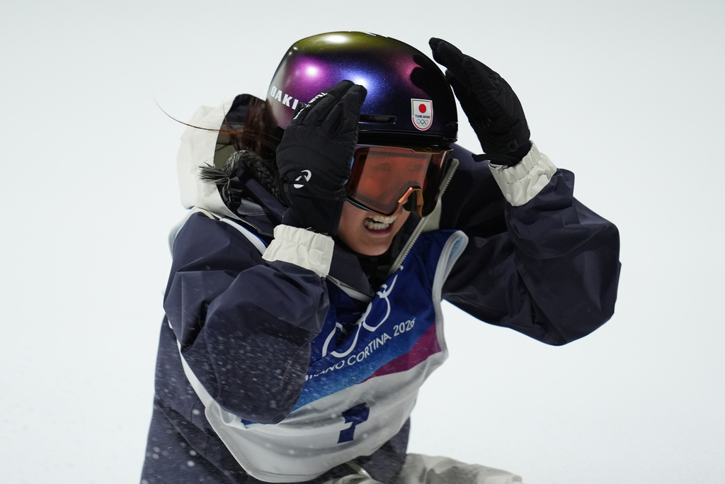 Japan's Kokomo Murase reacts during the women's snowboarding big air finals at the 2026 Winter Olympics, in Livigno, Italy, Monday, Feb. 9, 2026. (AP Photo/Abbie Parr)