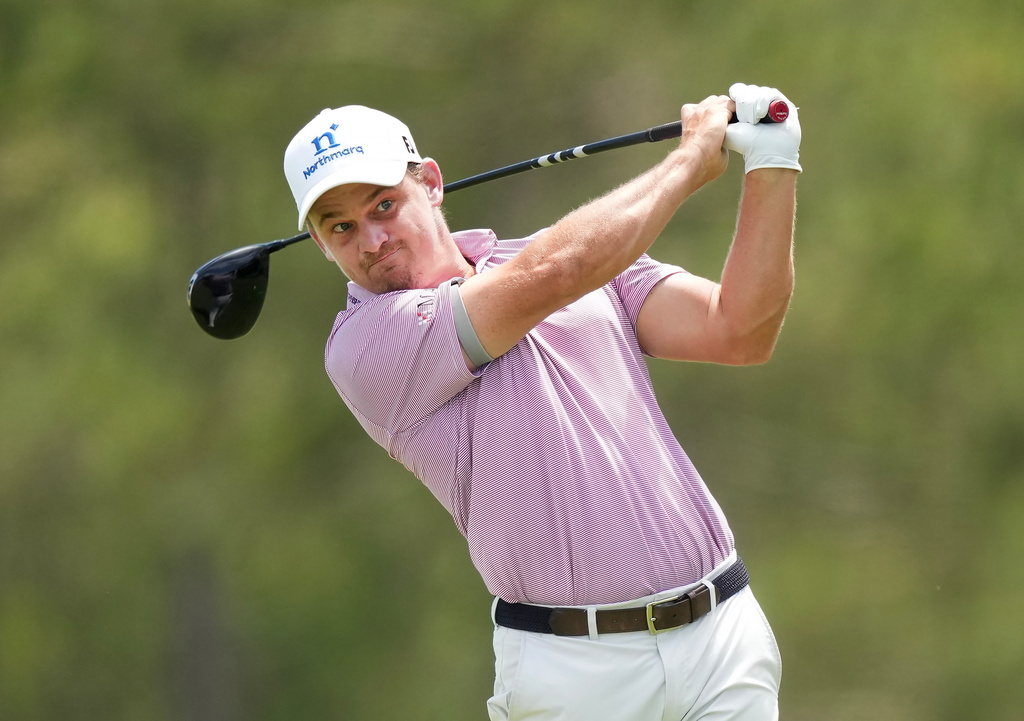 Bud Cauley tees off on the second hole during the third round at the Canadian Open in Caledon, Ont., on Saturday, June 13, 2026. (Nathan Denette/The Canadian Press via AP)