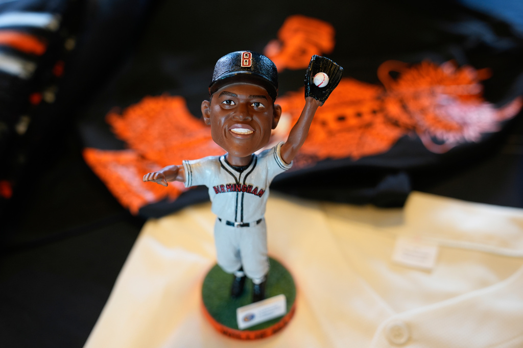 FILE - A promotional bobblehead showing Willie Mays is displayed during the San Francisco Giants baseball media open house in San Francisco, March 21, 2024. (AP Photo/Eric Risberg, File)