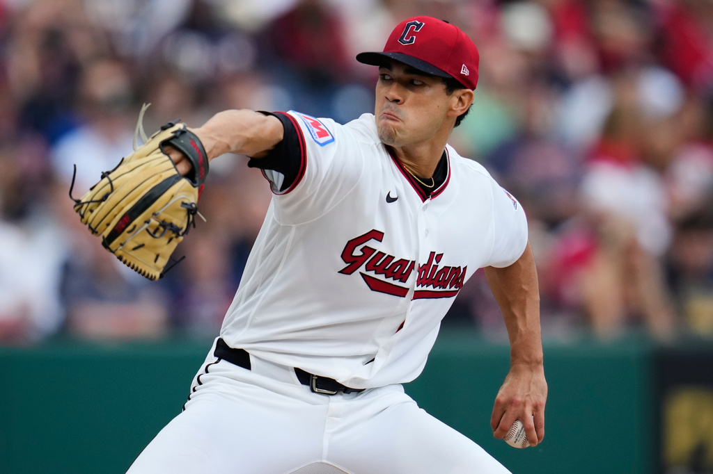 Cleveland Guardians' Joey Cantillo pitches in the first inning of a baseball game against the Chicago Cubs in Cleveland, Friday, April 3, 2026. (AP Photo/Sue Ogrocki)