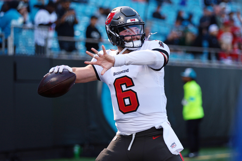 Tampa Bay Buccaneers quarterback Baker Mayfield (6) warms up before an NFL football game against the Carolina Panthers in Charlotte, N.C., Sunday, Oct. 25, 2026. (AP Photo/Scott Kinser)