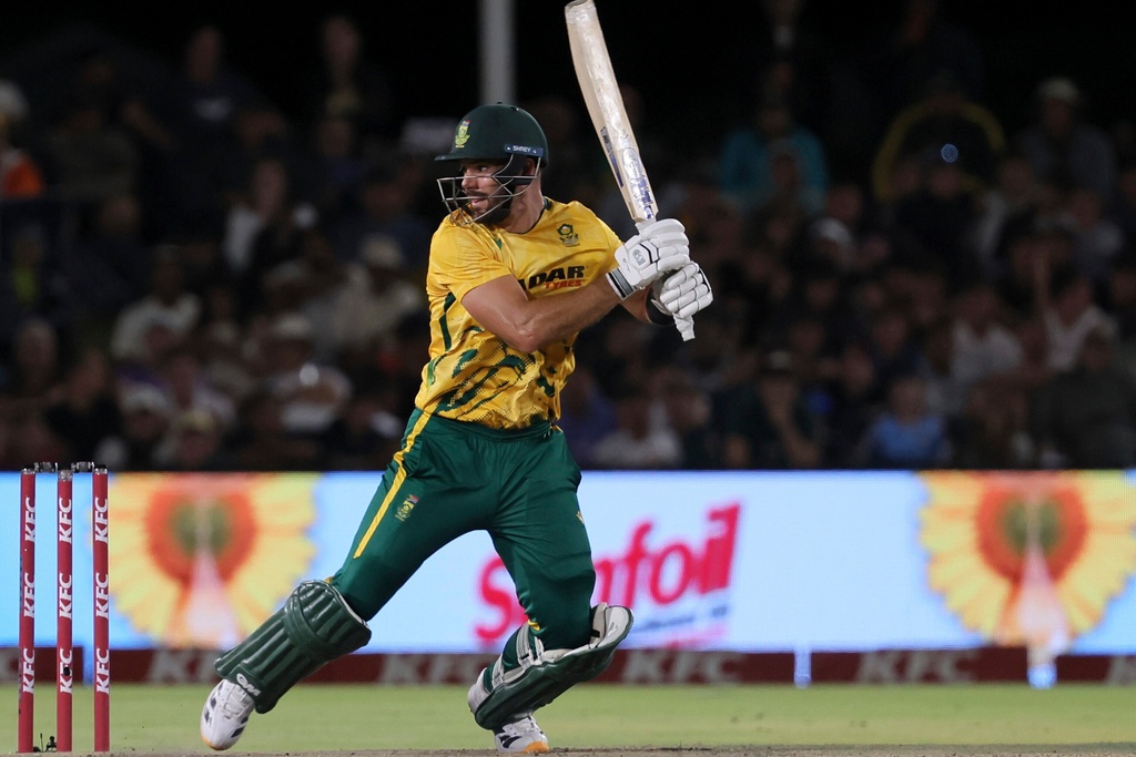 South Africa's batsman Aiden Markram watches his shot during the T20 International cricket match between South Africa and West Indies, in Paarl, South Africa, Tuesday, Jan. 27, 2026. (AP Photo/Halden Krog)